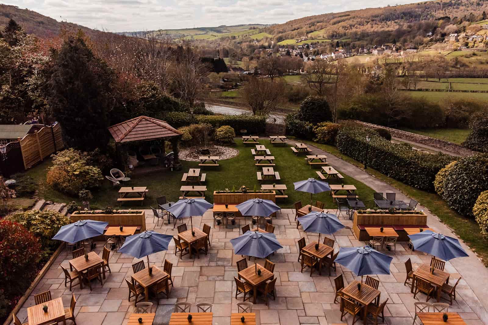 Arial photograph showing the terrace and garden at The Maynard, with views over Hope Valley