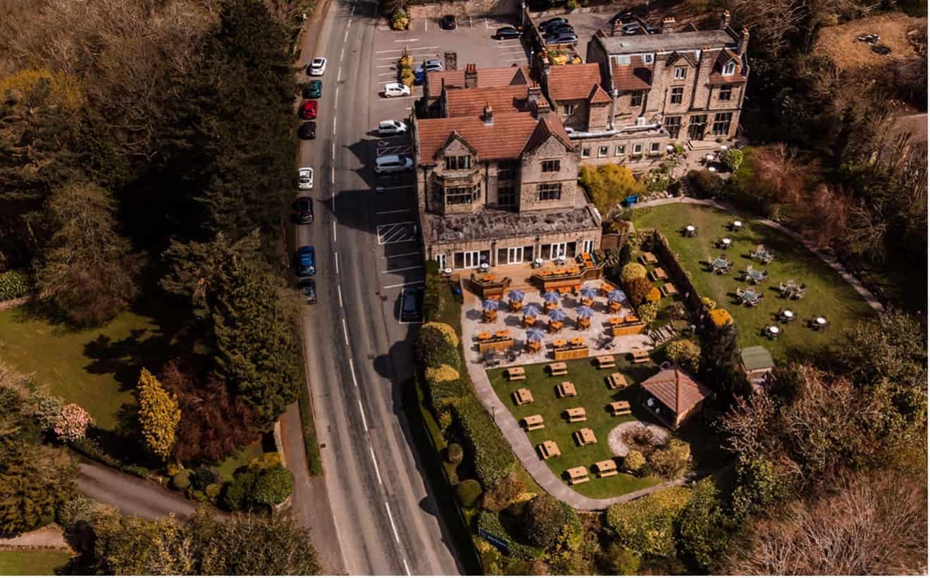A drone photograph of the garden and building of The Maynard, Grindleford